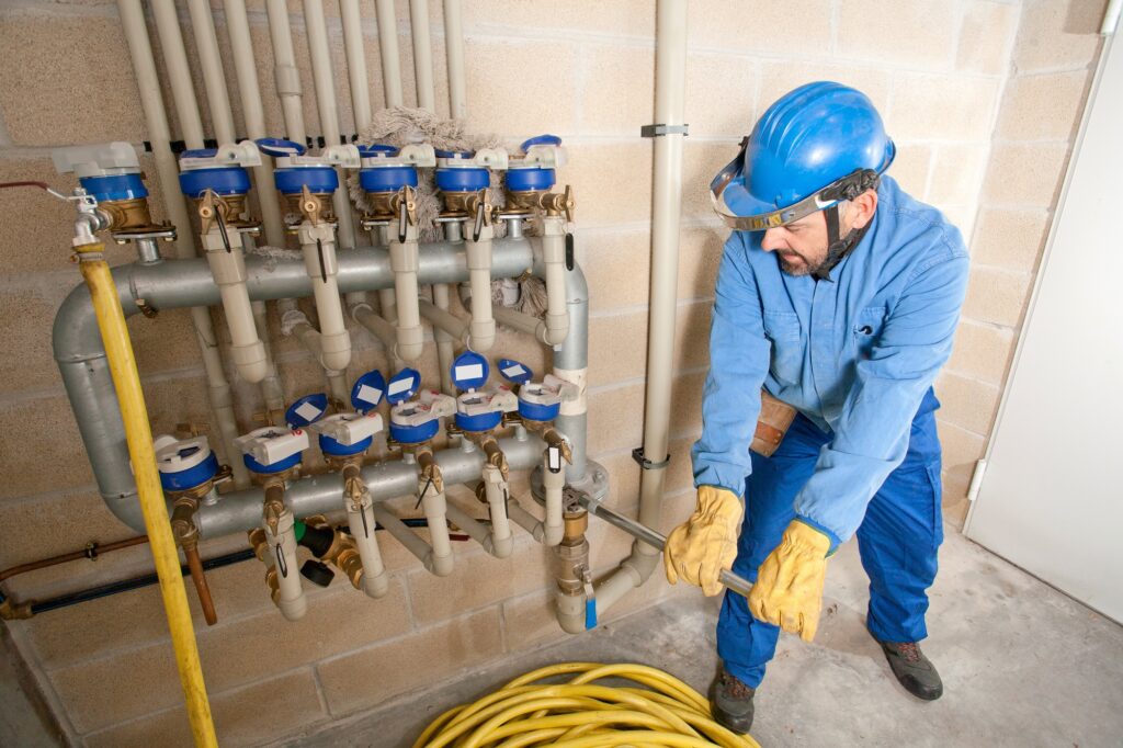 A technician works on plumbing valves in a utility room during the day