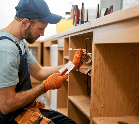 Bearded young man repairing desk electrical wires
