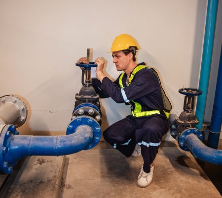 Engineers inspecting the inside plumbing and water valves of an industrial facility.