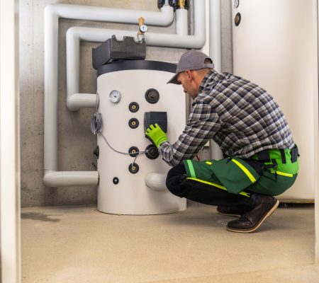 HVAC Technician Finishing Installation of Gas Heating Boiler